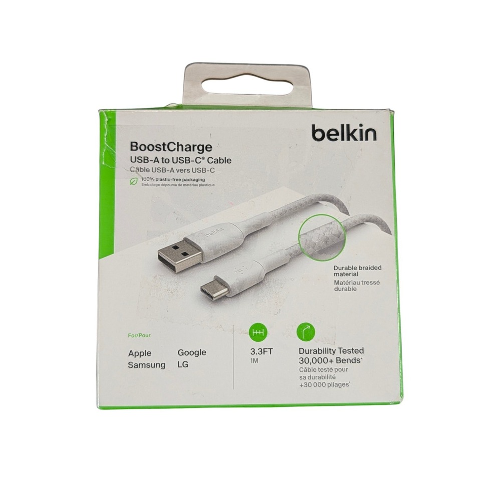 Cc9O-P Belkin BoostCharge Braided USB-C‎ to USB-A Cable 3.3ft - White, Poly